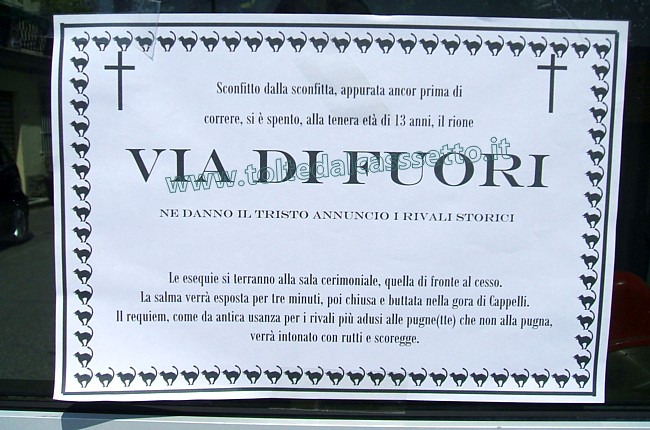 CARTELLI CURIOSI E DIVERTENTI - Campanilismo con manifesto funebre che annuncia il decesso del rione Via di Fuori