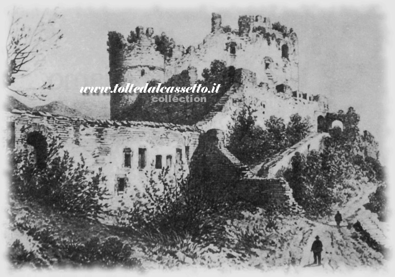 MONTIGNOSO - In una incisione di A. Durand il Castello Aghinolfi che venne donato al comune il 25 agosto del 1957 da Giorgio Schiff Giorgini, ultimo discendente dei signori proprietari fino ad allora
