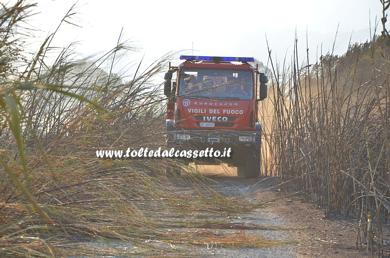 PARCO DEL MAGRA (Piano di Vezzano Ligure) - Un'autopompa dei Vigili del Fuoco percorre una strada avvolta dal fumo durante l'incendio scoppiato il 7 agosto 2015