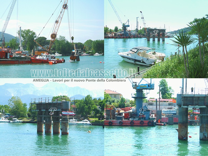 AMEGLIA (17 giugno 2012) - Un collage di immagini sui lavori in corso per il nuovo Ponte della Colombiera. A sinistra in alto la posa della prima delle nuove pile che hanno un diametro di 160 cm e scendono in profondit per circa 48 metri