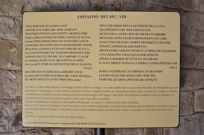 FILATTIERA - Info e traduzione dell'epitaffio del Vescovo missionario Leodegar, contenuto nella Chiesa di San Giorgio (a cura della Sede di Pontremoli e Lunigiana dell'Archeoclub d'Italia)