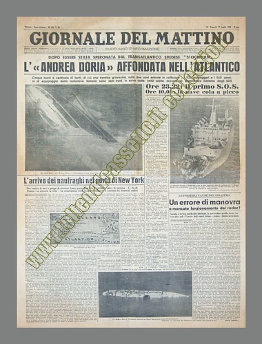 GIORNALE DEL MATTINO del 27 luglio 1956 - La motonave italiana Andrea Doria affonda nell'Atlantico dopo essere stata speronata dallo "Stockholm"