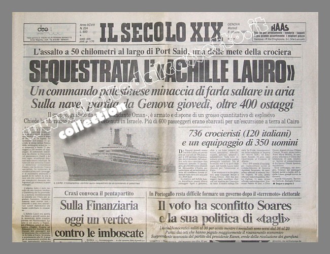 IL SECOLO XIX del 08-10-1985 - Un commando palestinese sequestra la nave "Achille Lauro"