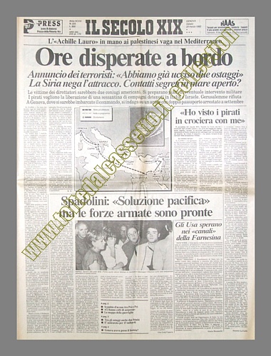IL SECOLO XIX del 9 ottobre 1985 - Il sequestro della "Achille Lauro". Ore disperate a bordo della motonave che vaga nel Mediterraneo sotto le minacce dei sequestratori...