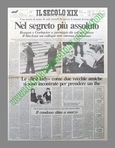 IL SECOLO XIX del 20 novembre 1985 - Una stretta di mano tra Reagan e Gorbaciov apre il summit di Ginevra