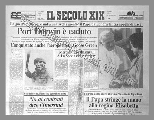 IL SECOLO XIX del 29 maggio 1982 - La Guerra delle Falkland ad una svolta. Cade Port Darwin mentre il Papa da Londra lancia appelli di pace...