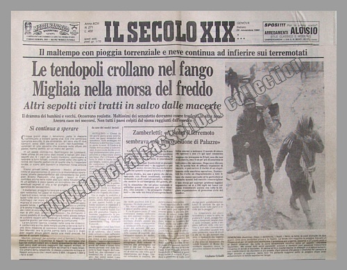 IL SECOLO XIX del 29 novembre 1980 - Il maltempo infierisce sui terremotati nel Sud Italia. Le tendopoli crollano nel fango, migliaia nella morsa del freddo. Altre persone estratte vive dalle macerie...