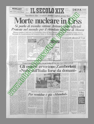 IL SECOLO XIX del 30 aprile 1986 - Morte nucleare in Urss: esplode un reattore a Chernobyl