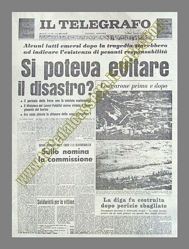 IL TELEGRAFO del 12 ottobre 1963 - Pesanti responsabilità nel disastro del Vajont. La diga costruita dopo perizie sbagliate