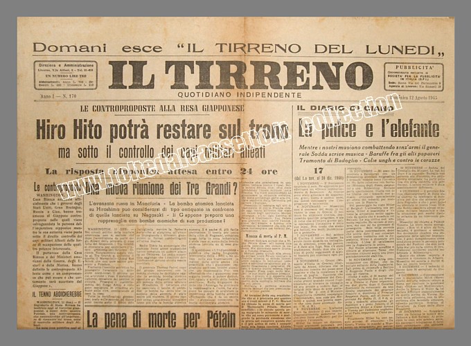 IL TIRRENO del 12 agosto 1945 - Si tratta per la resa del Giappone nella II Guerra Mondiale