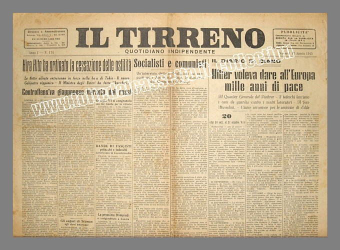 IL TIRRENO del 17 agosto 1945 - Hiro Hito ordina alle truppe giapponesi la cessazione delle ostilit