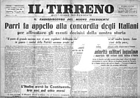 IL TIRRENO del 24 giugno 1945 - Ferruccio Parri, nuovo Presidente del Consiglio, in un radio-discorso fa appello alla concordia degli Italiani...