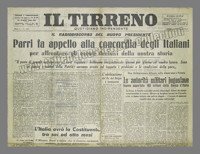 IL TIRRENO del 24 giugno 1945 - Radiodiscorso alla Nazione di Ferruccio Parri, nuovo Presidente del Consiglio