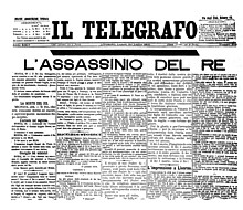 IL TELEGRAFO del 30 luglio 1900 - Prima pagina listata a lutto per l'assassinio del Re Umberto I