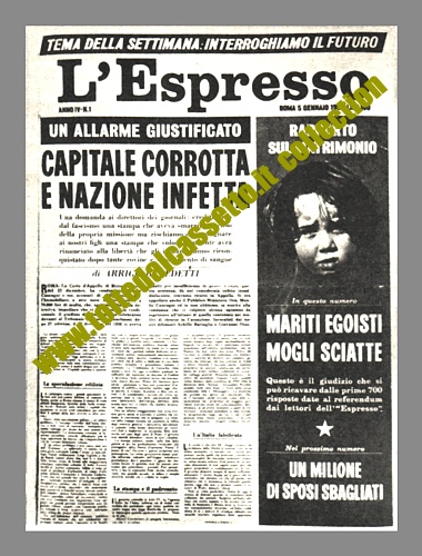 L'ESPRESSO del 5 gennaio 1968 - Inchiesta di Arrigo Benedetti (inventore dei rotocalchi) sulla speculazione edilizia a Roma e un rapporto sul matrimonio