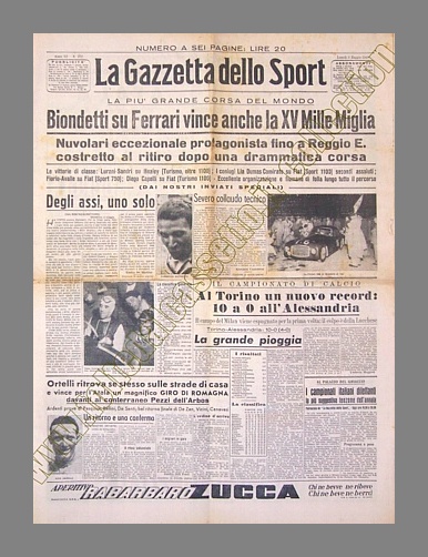 LA GAZZETTA DELLO SPORT del 3 maggio 1948 - Clemente Biondetti, forse il più grande stradista di tutti i tempi, vince su Ferrari la XV Mille Miglia