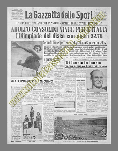 LA GAZZETTA DELLO SPORT del 3 agosto 1948 - Adolfo Consolini è medaglia d'oro nel lancio del disco alla XIV Olimpiade di Londra. Secondo l'altro italiano in gara, Giuseppe Tosi