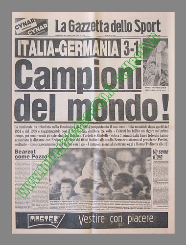 LA GAZZETTA DELLO SPORT del 12 luglio 1982 - Italia-Germania: 3-1. Campioni del mondo!