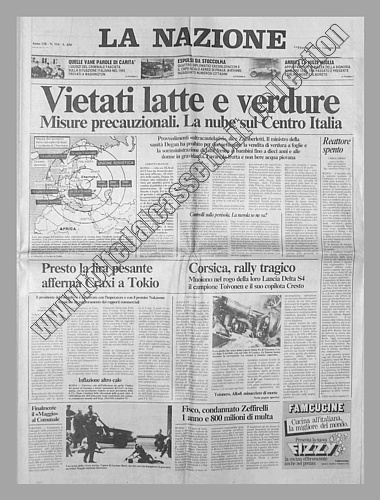 LA NAZIONE del 3 maggio 1986 - Misure precauzionali attuate per l'arrivo della nube radioattiva di Chernobyl sull'Italia. Vietato il consumo di latte e verdure