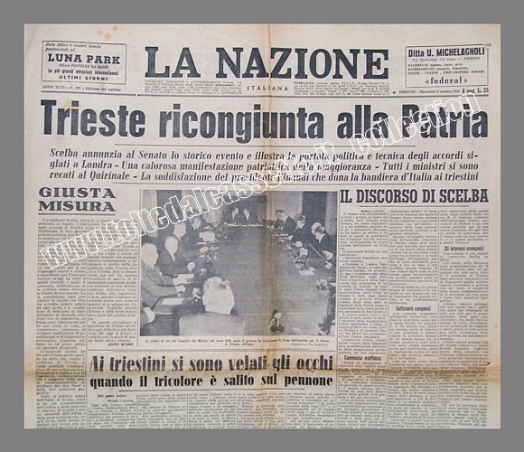 LA NAZIONE del 6 ottobre 1954 - Trieste ricongiunta alla Patria dopo gli accordi di Londra