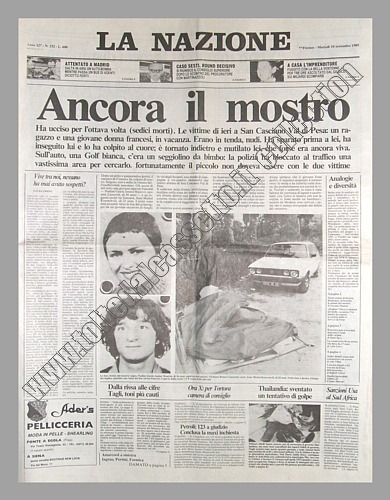 LA NAZIONE del 10 settembre 1985 - A San Casciano Val di Pesa il "mostro" di Firenze uccide per l'ottava volta, chesarà anche l'ultima...