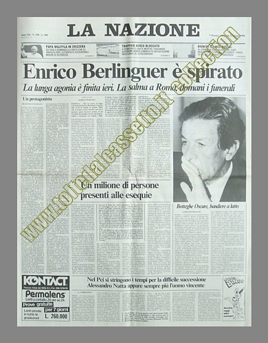 LA NAZIONE del 12 giugno 1984 - Dopo tre giorni di agonia, Enrico Berlinguer muore. Alle esequie saranno presenti un milione di persone