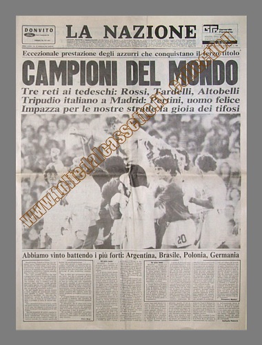 LA NAZIONE del 12 luglio 1982 - Italia campione del mondo di calcio per la terza volta