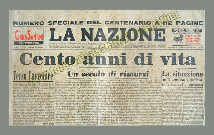 LA NAZIONE del 19 luglio 1959 - Numero speciale per celebrare i cento anni di vita della testata fiorentina