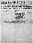 LA NAZIONE del 20 agosto 1954 - Nove colonne per la scomparsa di Alcide De Gasperi