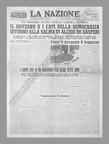 LA NAZIONE del 20 agosto 1954 - Un grande lutto nella libera Europa per la scomparsa di Alcide De Gasperi