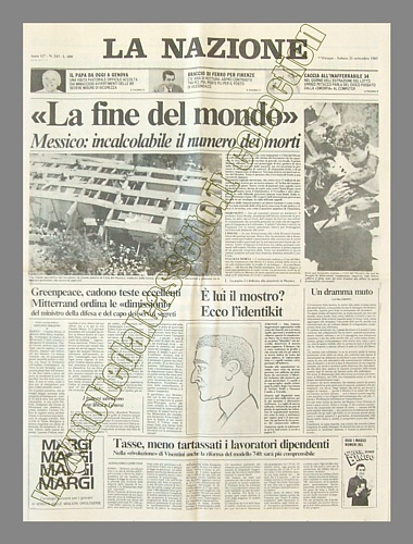 LA NAZIONE del 21 settembre 1985 - Tremendo terremoto in Messico. Incalcolabile il numero delle vittime. Il sisma ha avuto una potenza pari a 250 bombe atomiche tipo Hiroshima