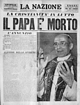LA NAZIONE ITALIANA del 09 ottobre 1958 - In prima pagina la scomparsa di Papa Pio XII