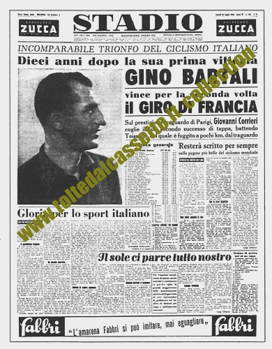 STADIO del 26 luglio 1948 - Gino Bartali rivince il Tour de France dopo 10 anni e contribuisce a ridare serenità all'Italia dopo l'attentato all'on. Togliatti