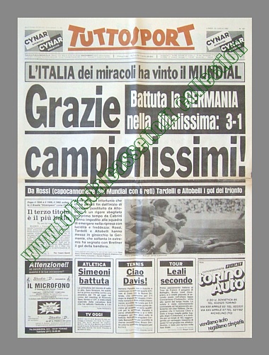 TUTTOSPORT del 12 luglio 1982 - L'Italia dei miracoli ha vinto il Mundial. Nella finalissima battuta la Germania per 3-1