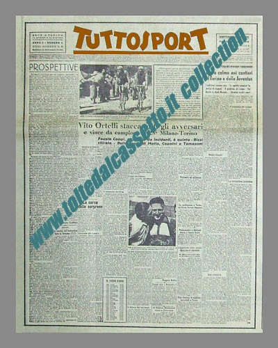 TUTTOSPORT del 30 luglio 1945 - Il primo numero della testata apre con Vito Ortelli che, staccando tutti, vince la Milano-Torino di ciclismo