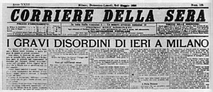CORRIERE DELLA SERA dell'8 e 9 maggio 1898 - Prima pagina tutta dedicata ai gravi disordini scoppiati a Milano per la crisi del pane