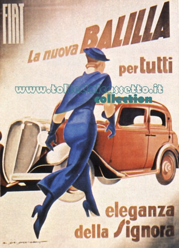 Manifesto pubblicitario della nuova FIAT 508 Balilla, auto per tutti, elegante per le signore...