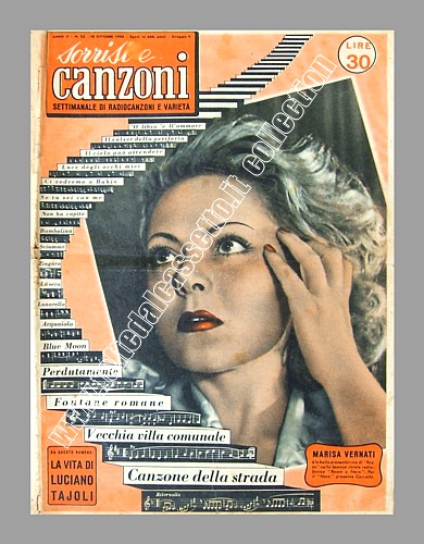 SORRISI E CANZONI del 18-10-1953 (II anno - n. 22) - Copertina dedicata alla bella Marina Vernati, presentatrice della rivista radiofonica "Rosso e Nero" insieme a Corrado