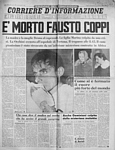 CORRIERE D'INFORMAZIONE (edizione pomeriggio 2/3 gennaio 1960) - Prima pagina dedicata alla scomparsa di Fausto Coppi avvenuta all'ospedale di Tortona