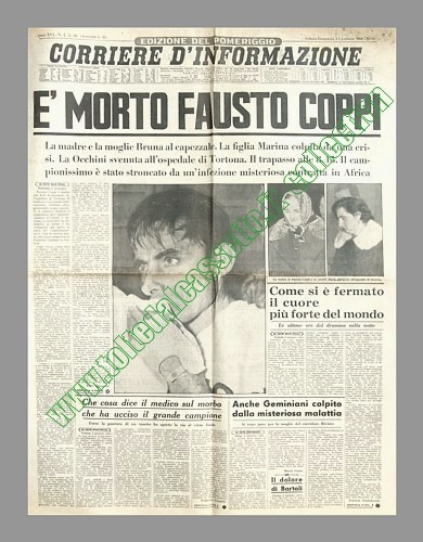 CORRIERE D'INFORMAZIONE del 2/3 gennaio 1960 (Edizione del pomeriggio) - Fausto Coppi muore all'ospedale di Tortona per un'infezione malarica non riconosciuta tempestivamente