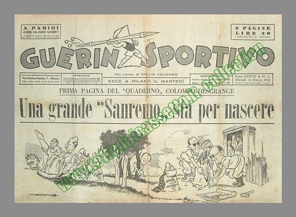 GUERIN SPORTIVO del 16 marzo 1948 - Presentazione della 39° Milano-Sanremo. Sta per nascere una grande corsa collegata al challenge "Desgrange-Colombo"
