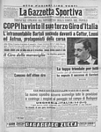 LA GAZZETTA SPORTIVA del 13 giugno 1949 - prima pagina dedicata a Fausto Coppi, vincitore per la terza volta del Giro d'Italia