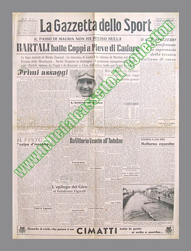 LA GAZZETTA DELLO SPORT dell'11 giugno 1947 - Fausto Coppi viene battuto da Gino Bartali a Pieve di Cadore (tappa del 30° Giro d'Italia)