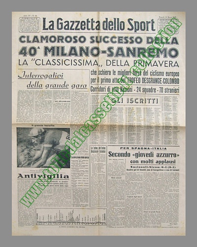LA GAZZETTA DELLO SPORT del 18 marzo 1949 - Presentazione della 40° Milano-Sanremo che verrà poi vinta dal grande favorito Fausto Coppi, al terzo successo nella classicissima di primavera