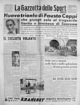 LA GAZZETTA DELLO SPORT del 20 marzo 1948 - Nuovo trionfo di Fausto Coppi alla 39a Milano-Sanremo. Vince per la seconda volta la classica di primavera giungendo da solo al traguardo