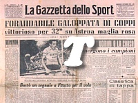 LA GAZZETTA DELLO SPORT del 23 maggio 1952 - Al 35 Giro d'Italia Fausto Coppi vince la tappa a cronometro Roma-Rocca di Papa. Astrua in maglia rosa