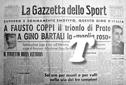 LA GAZZETTA DELLO SPORT del 28 maggio 1947 - Al 30° Giro d'Italia Fausto Coppi vince in volata la tappa Reggio Emilia - Prato. Gino Bartali indossa la maglia rosa