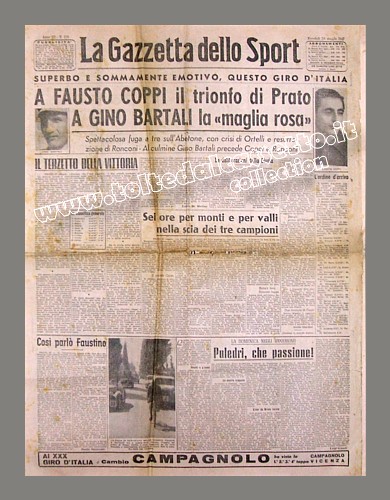 LA GAZZETTA DELLO SPORT del 28 maggio 1947 - Fausto Coppi trionfa a Prato, in casa di Gino Bartali che per conquista la maglia rosa