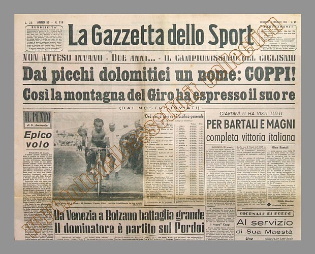 LA GAZZETTA DELLO SPORT del 30 maggio 1952 - Al 35° Giro d'Italia Fausto Coppi vince la tappa Venezia-Bolzano con un epico volo iniziato sul Pordoi