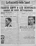 LA GAZZETTA DELLO SPORT del 31 luglio 1947 - Dopo la vittoria al Giro d'Italia, Fausto Coppi a Parigi diventa Campione Mondiale dell'inseguimento insieme a Leo Benfenati